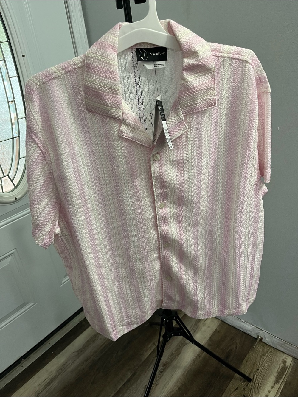 Original Use Pink and White Striped crochet Short Sleeve Button-Down Shirt
